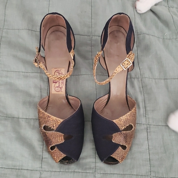 Vintage Shoes - Vintage 1930s navy grosgrain and snakeskin flapper shoes 7.5